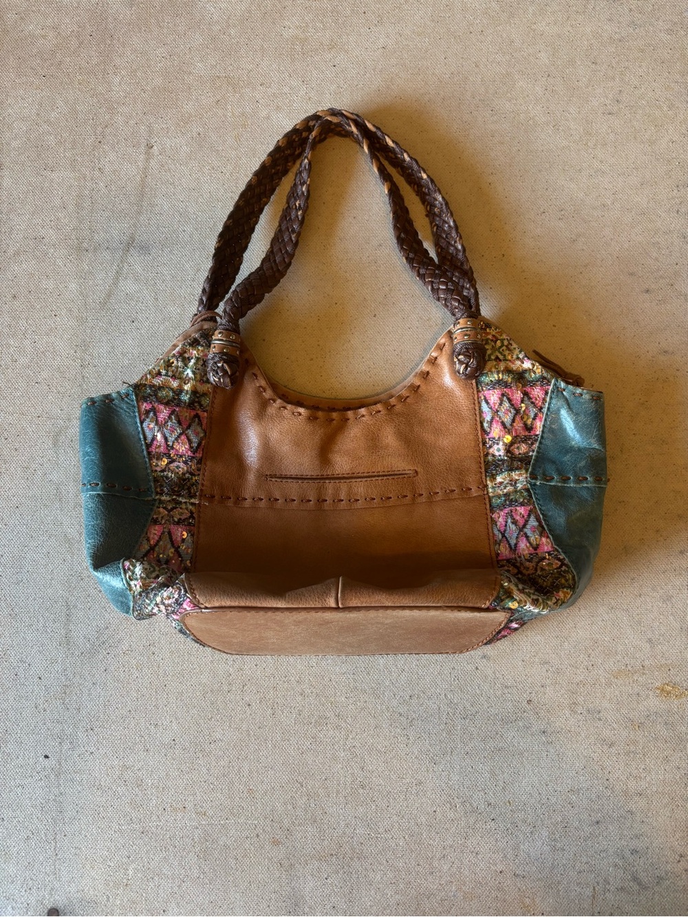 The Sak Brown Leather Shoulder Bag with Teal & Multicolor Accents
